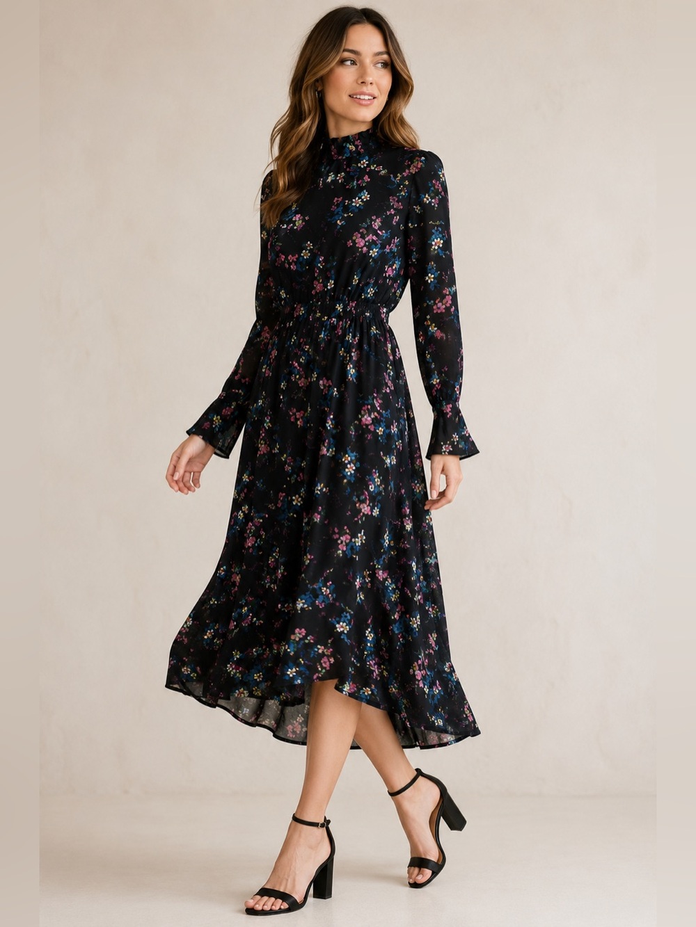 Nanette Lepore Black Floral Mock Neck Hi-Low Midi Dress 4 Romantic Long Sleeve